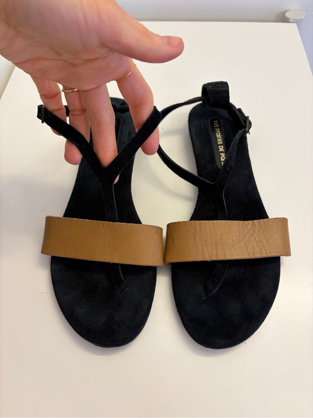 Women’s Black Suede Sandals with Tan Leather Front Strap